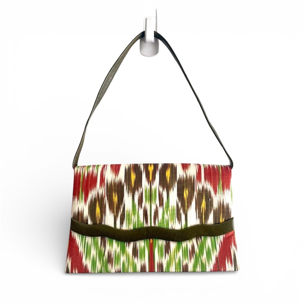 Vintage Ikat Woven Shoulder Bag Multi Color Pattern with Olive Leather Trim